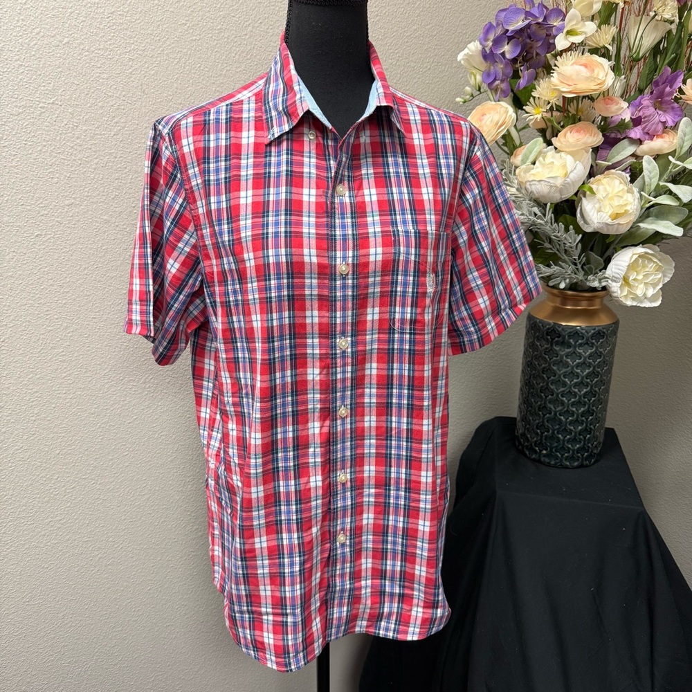 Chaps Men’s Short Sleeve Button Down Shirt Red Blue Plaid Classic Easy Care Size